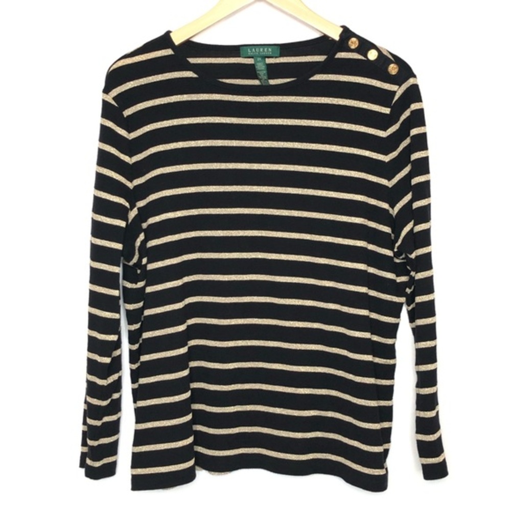 Lauren Ralph Lauren Sweater Black and Gold Stripe Gold Button Detail Size 2X